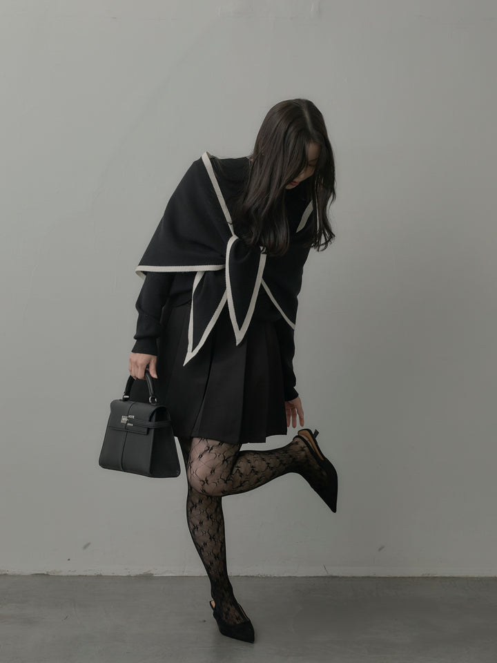 【SET】配色スカーフ付きニットトップス+ベルト付きプリーツミニスカート(2set)