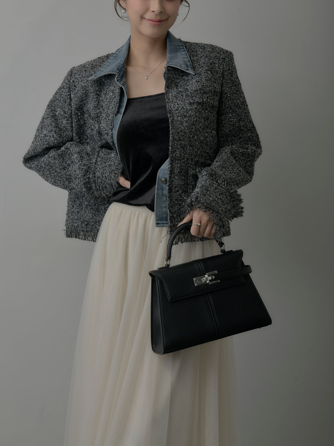 【SET】デニムドッキングオーバーサイズツイードジャケット+ボリュームチュールスカート(2set)