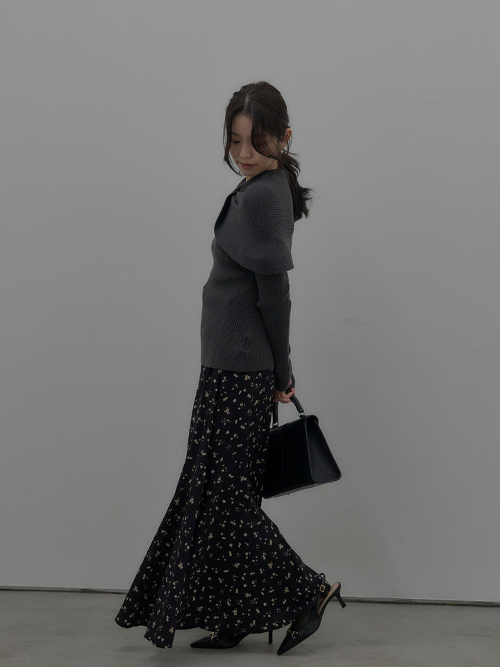 【SET】ケープライクデザインリブニットトップス+フラワーパターンマーメイドフレアスカート(2set)