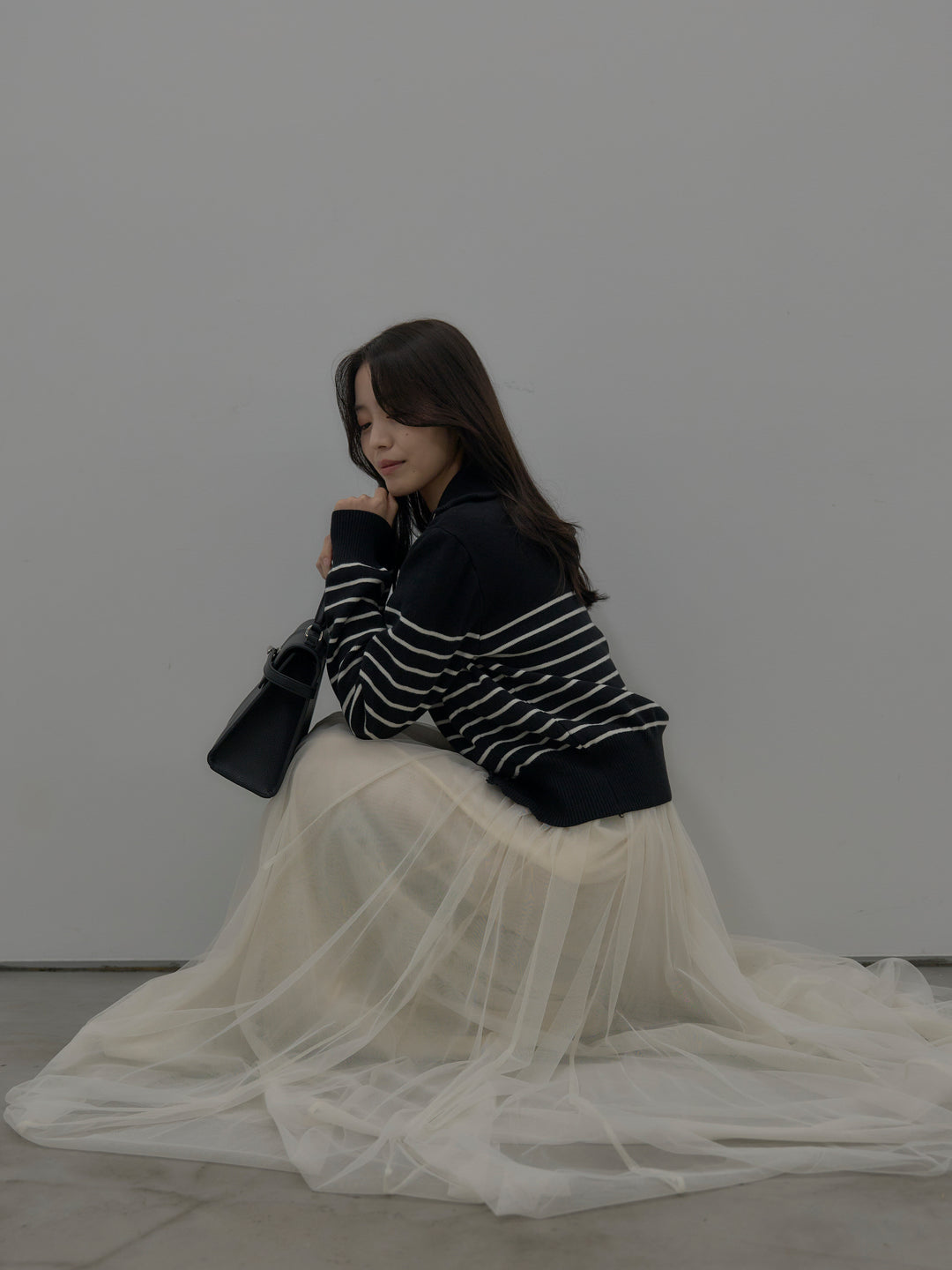 【SET】ダブルZIPハイネックボーダーニットトップス+ボリュームチュールスカート(2set)