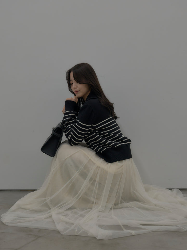 【SET】ダブルZIPハイネックボーダーニットトップス+ボリュームチュールスカート(2set)
