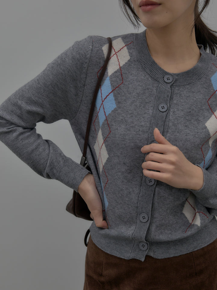 【SET】アーガイル柄ニットカーディガン+スウェードフレアスカート(2set)