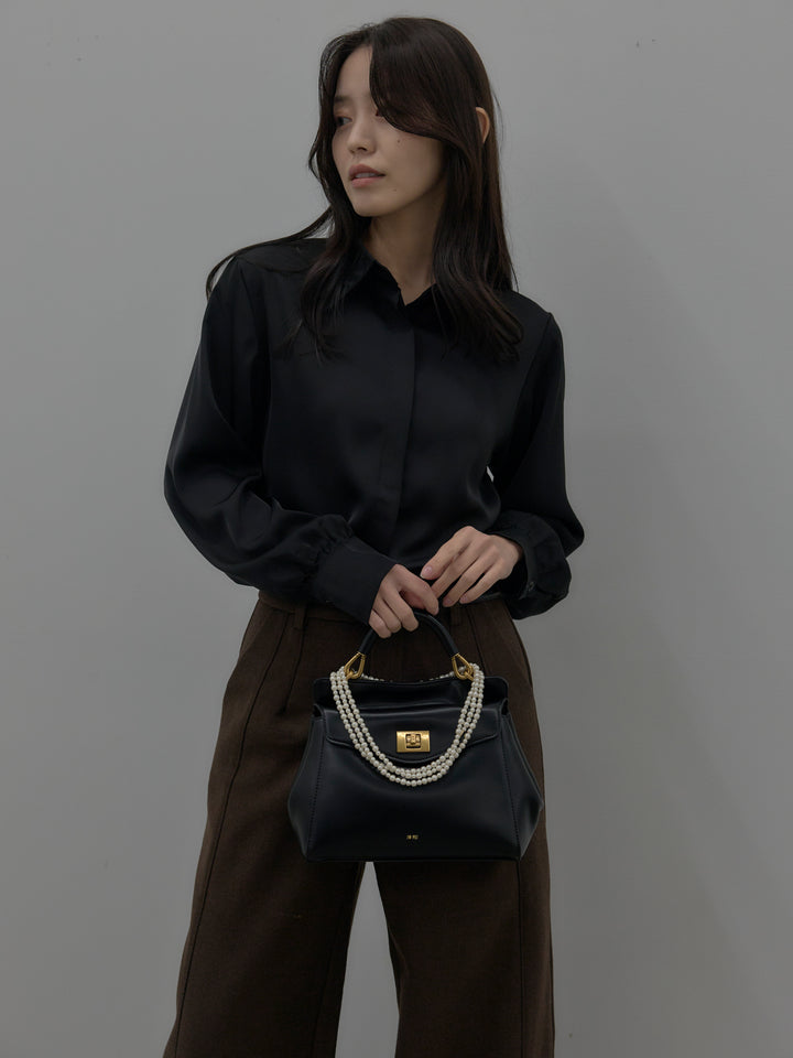 【SET】比翼仕立てサテンシャツ+裏起毛デザインワイドパンツ(2set)