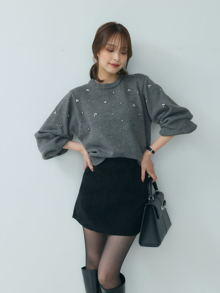 【SET】ビジューニットトップス+ベロアミニスカート(2set)