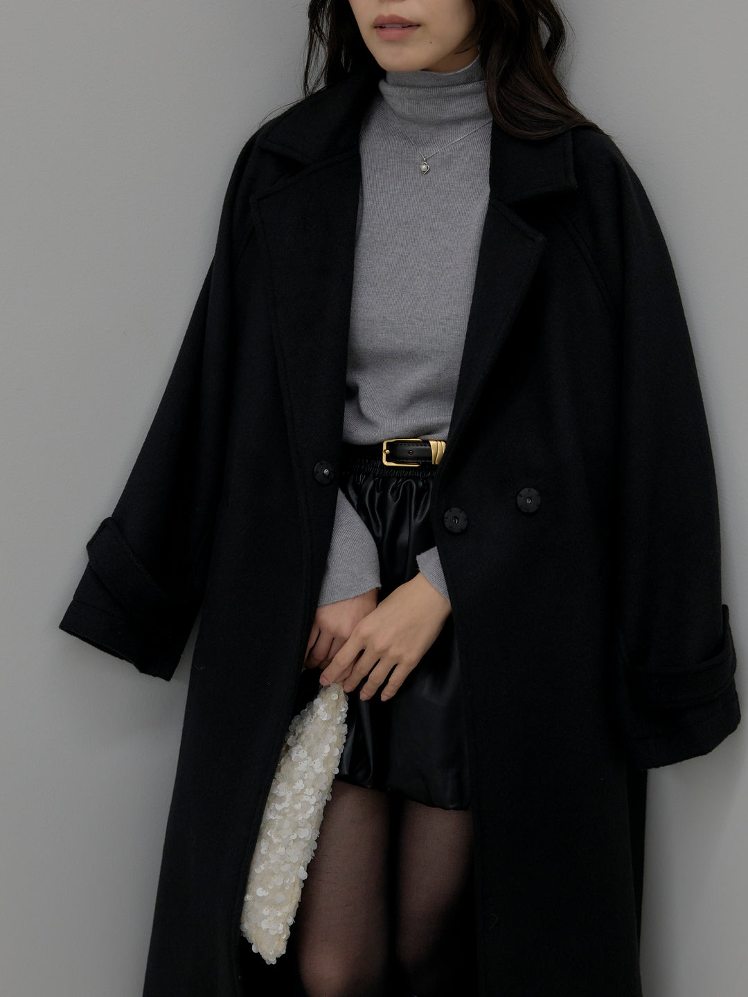 【SET】ベーシックリブタートルネック+ソフトレザーバルーンミニスカート(2set)