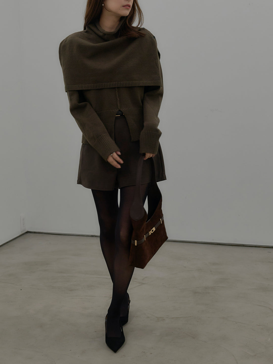 【SET】ケープ付き2WAYフロントスリットニットトップス+ウールタッチミニショートパンツ(2set)