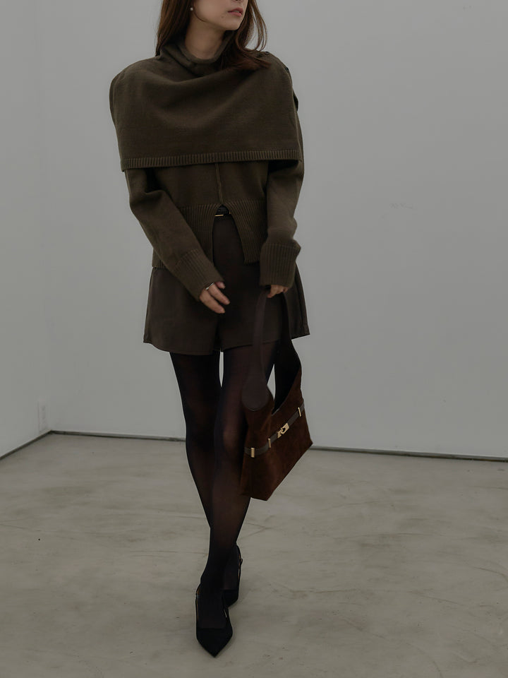 【SET】ケープ付き2WAYフロントスリットニットトップス+ウールタッチミニショートパンツ(2set)