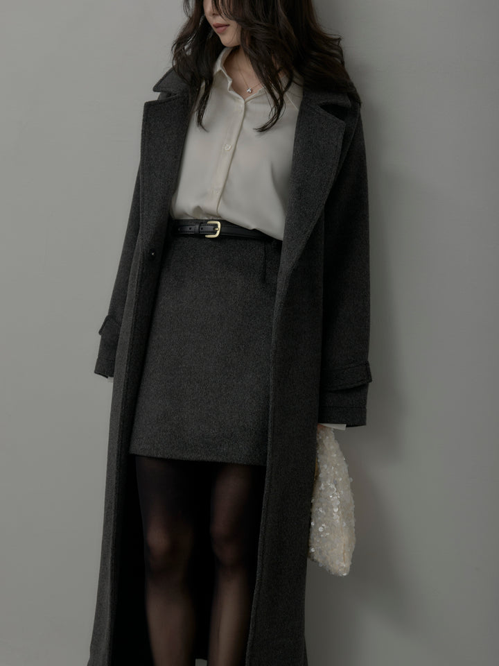 【SET】【Essential】ソフトウールリバートレンチコート+ケープ付きオーバーサテンシャツ+【Essential】ウールタッチミニスカート(3set)