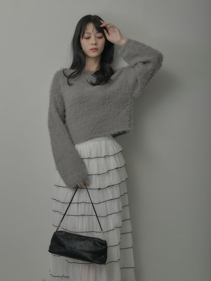 【SET】襟デザインシャギーニットトップス+バイカラーフリルチュールスカート(2set)