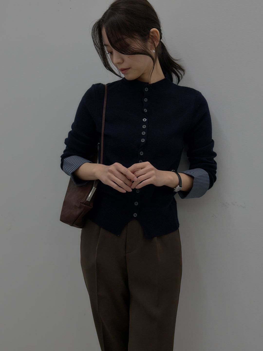 【SET】異素材ドッキングデザインボタンニットトップス+ベーシックテーパードパンツ(2set)