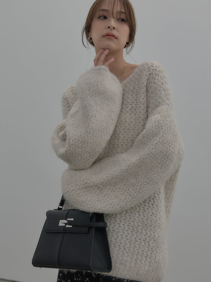 【SET】ラメ糸ローゲージ編みオーバーニットトップス+フラワーパターンマーメイドフレアスカート(2set)