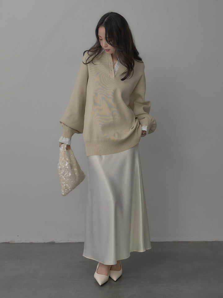 【SET】襟付きポロトップス+ナローAラインサテンスカート(2set)