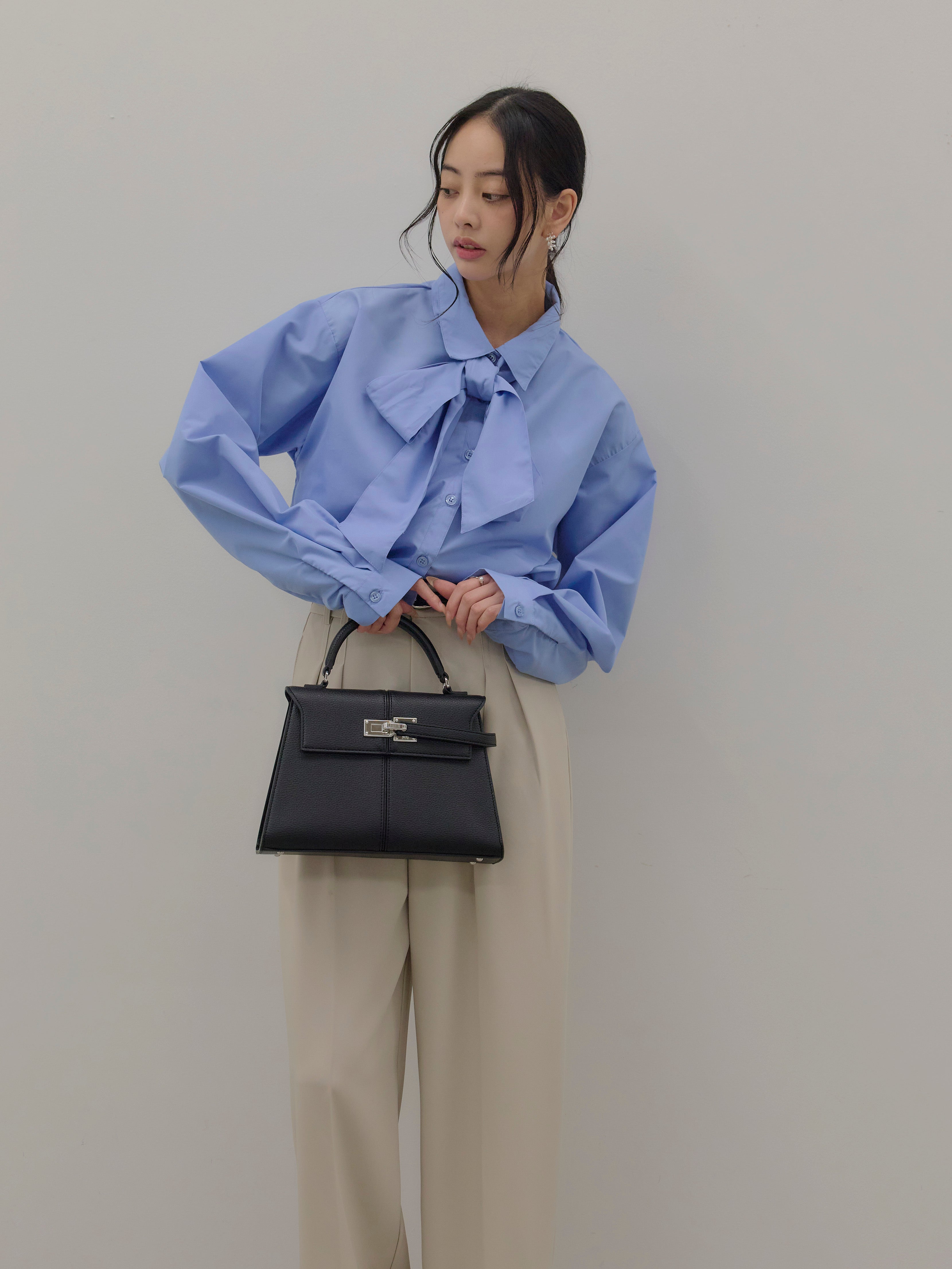 SET】ボウタイリボンシャツ+ハイウエストセンタープレスワイドパンツ