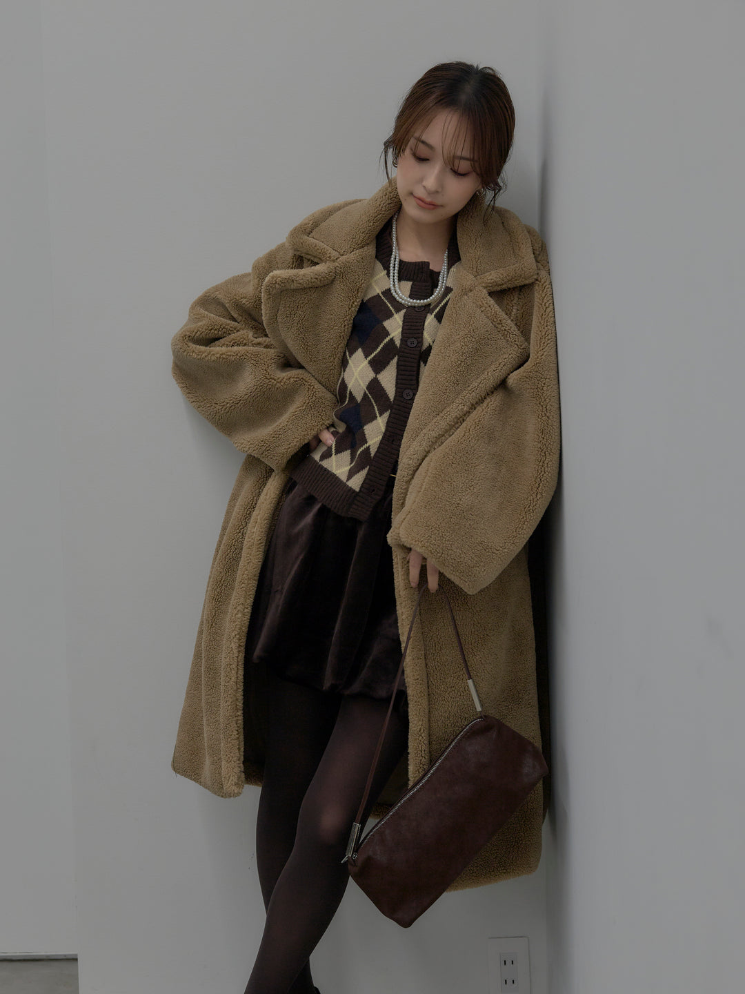 【SET】テディボアロングコート+ベロアバルーンミニスカート(インパン付き)(2set)