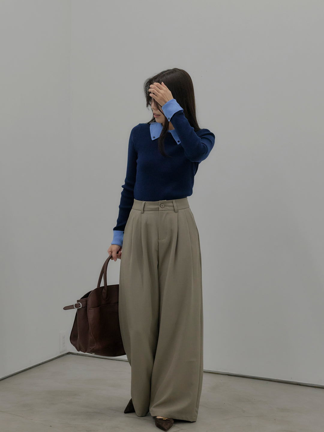 【SET】配色カフスニットポロ+デザインタックワイドパンツ(2set)