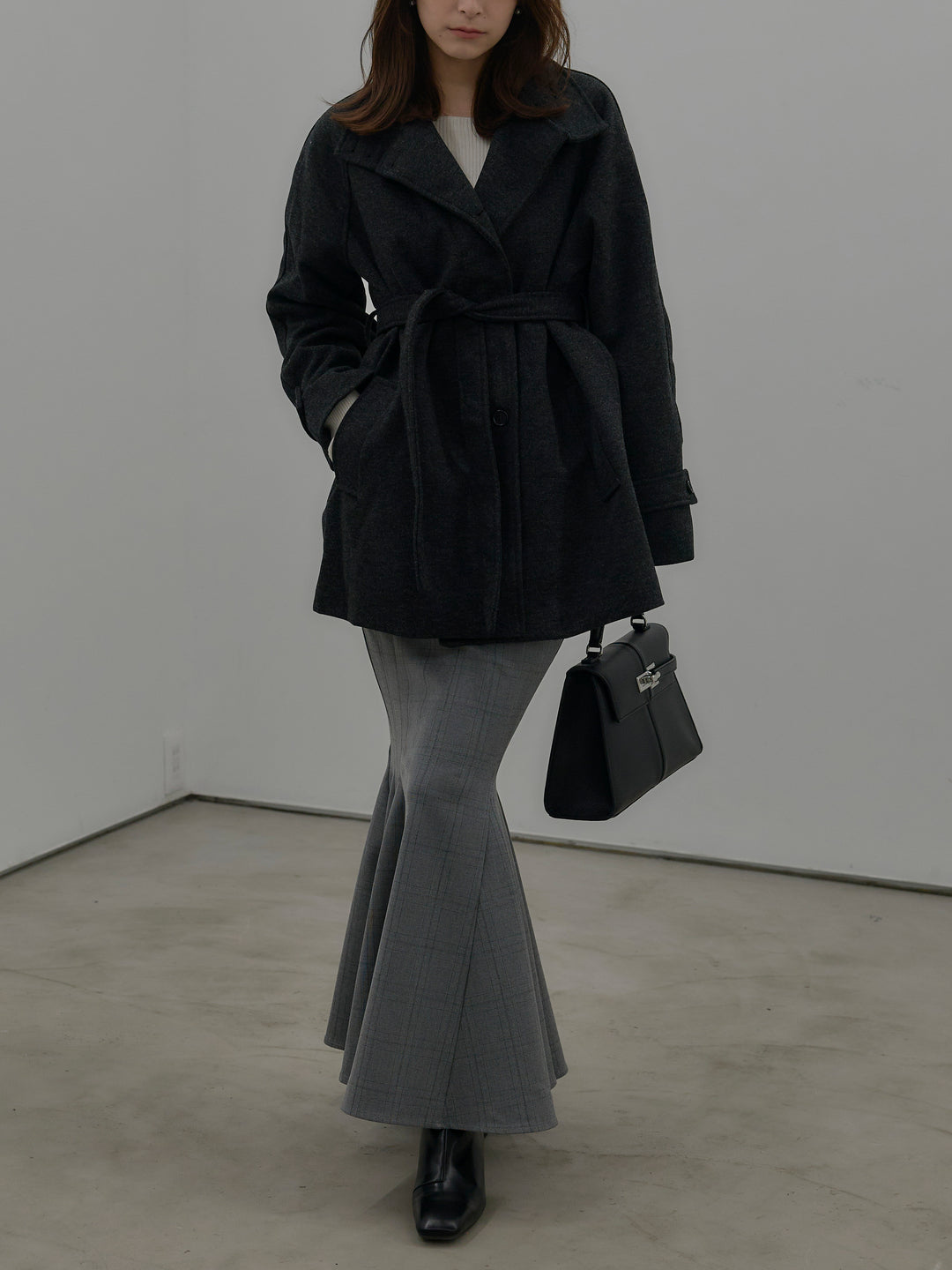 【SET】キルティングライナーウールミディアムコート+スクエアネックリブニット+【Essential】チェック柄マーメイドスカート(3set)