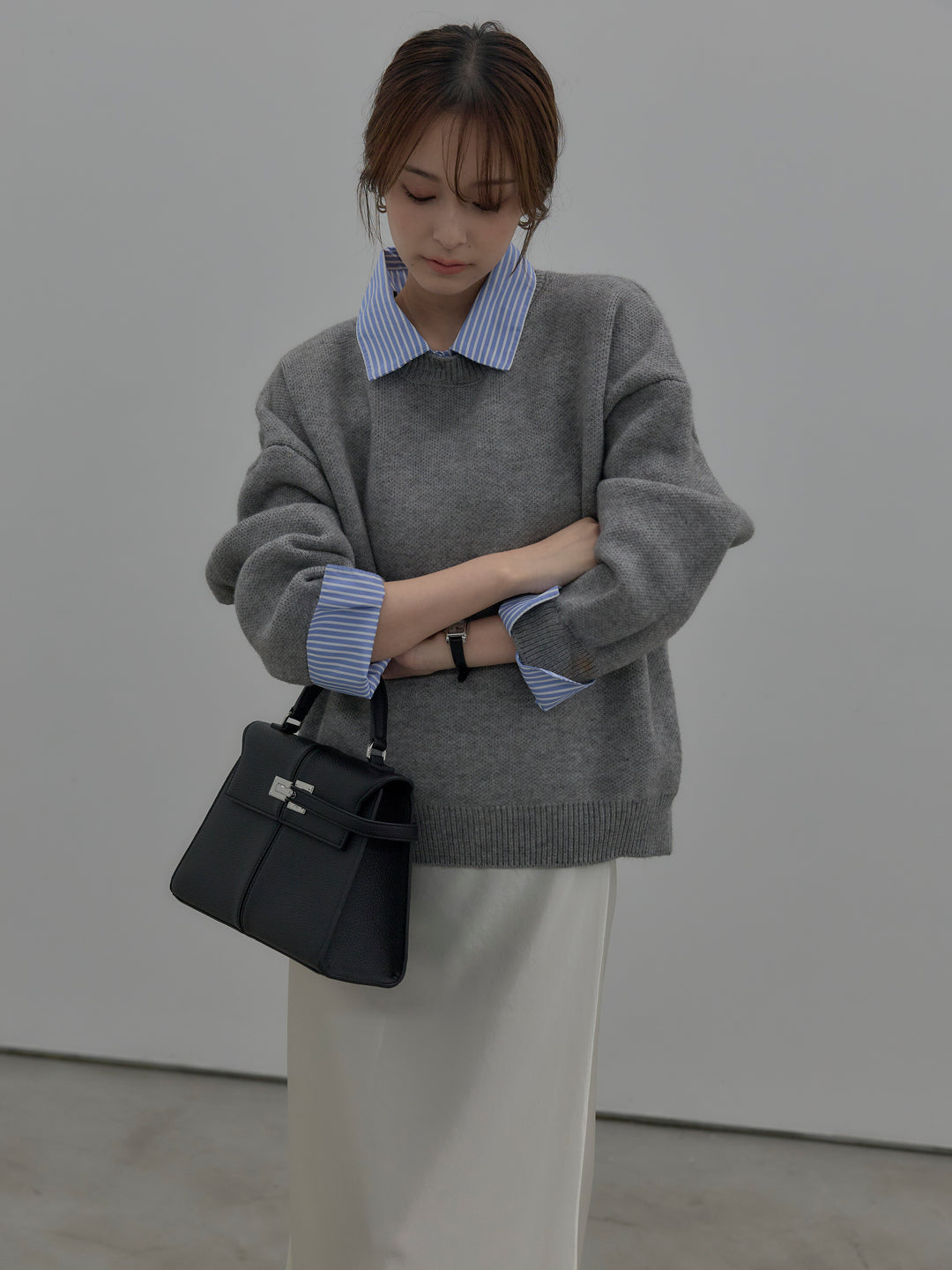 【SET】シャツドッキング肉厚ニットプルオーバー+ナローAラインサテンスカート(2set)