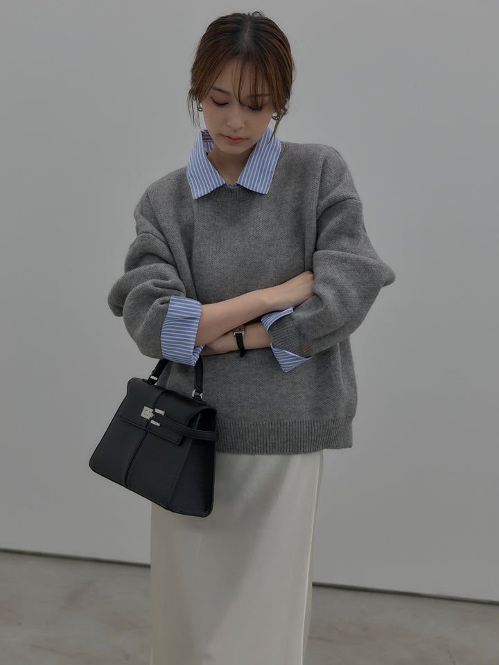 【SET】シャツドッキング肉厚ニットプルオーバー+ナローAラインサテンスカート(2set)