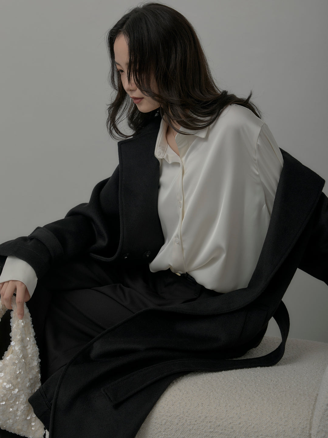 【SET】【Essential】ソフトウールリバートレンチコート+ケープ付きオーバーサテンシャツ+【Essential】３タックスラックス(3set)