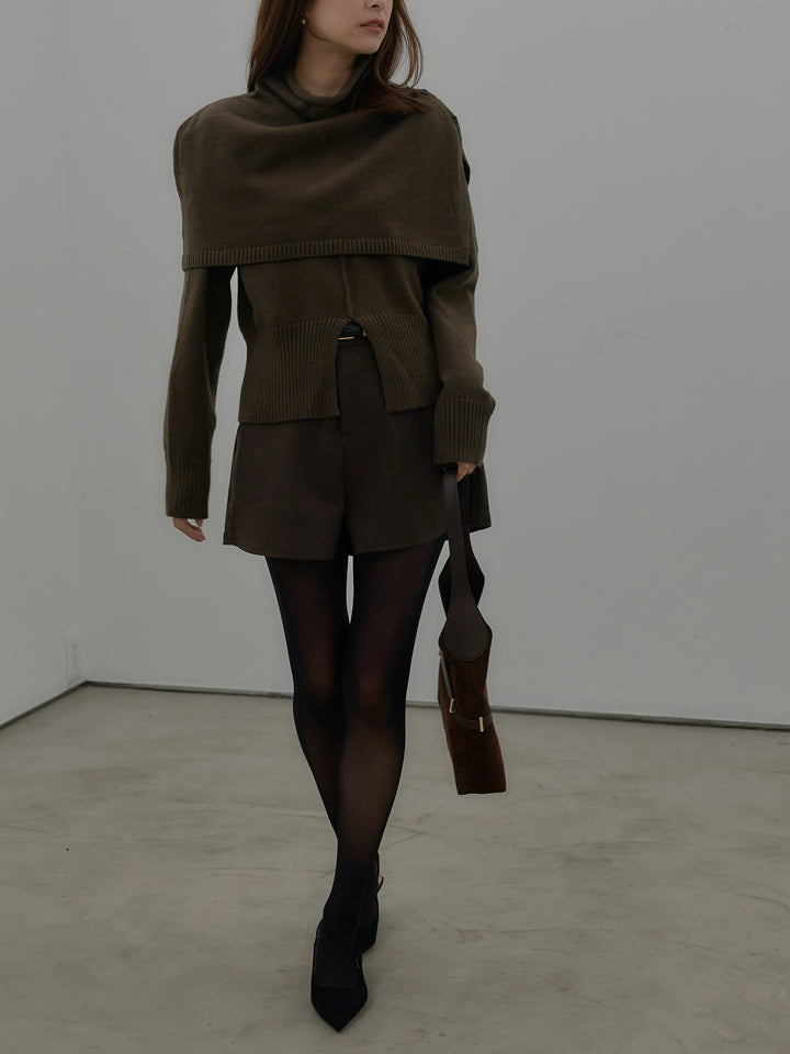 【SET】ケープ付き2WAYフロントスリットニットトップス+ウールタッチミニショートパンツ(2set)