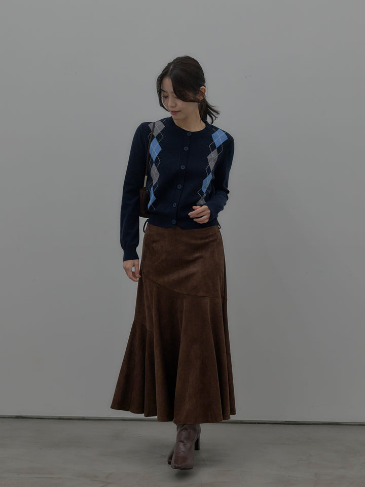 【SET】アーガイル柄ニットカーディガン+スウェードフレアスカート(2set)