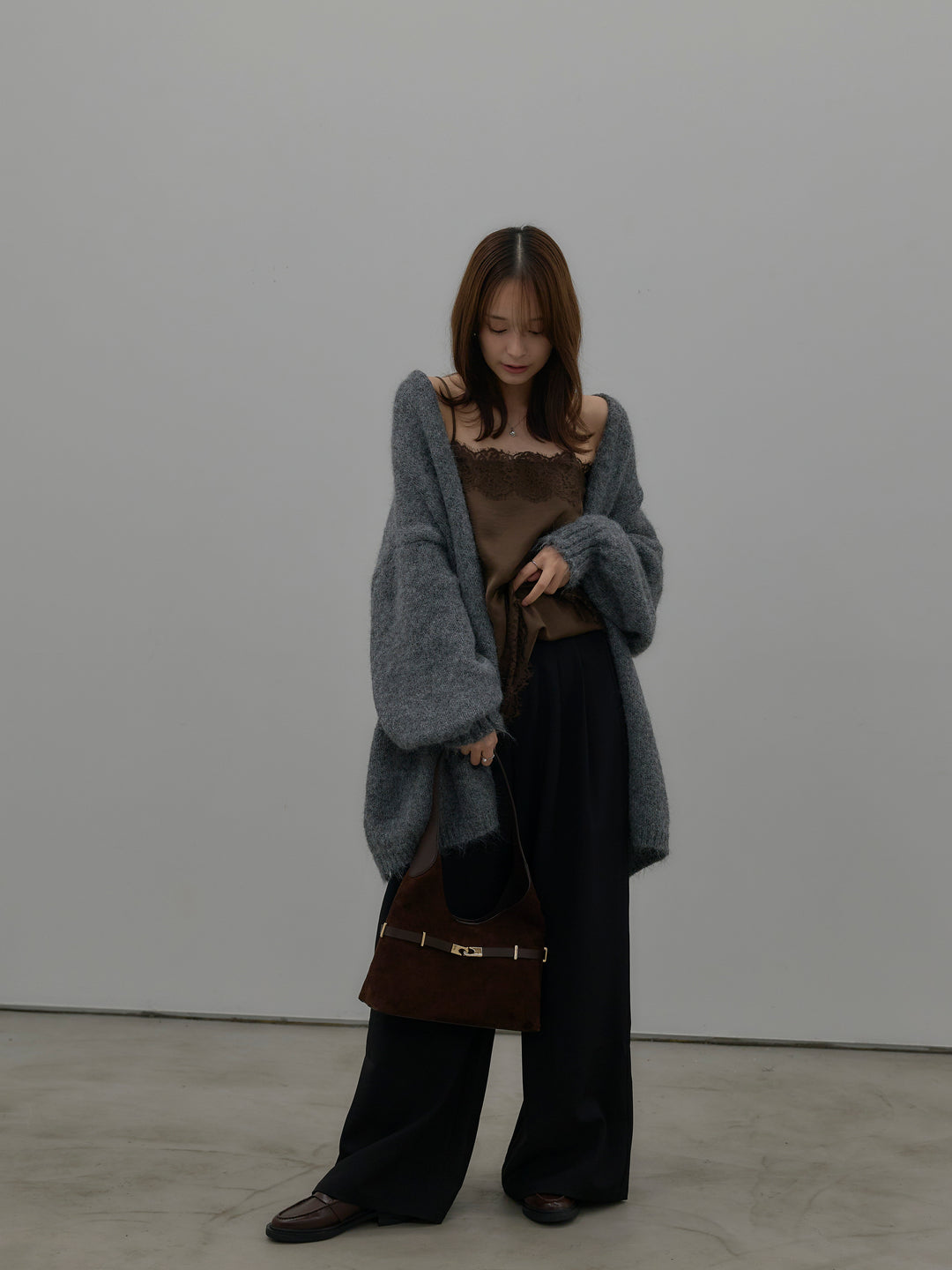 【SET】モヘアライクオーバーニットカーディガン+レースサテンキャミソール(2set)