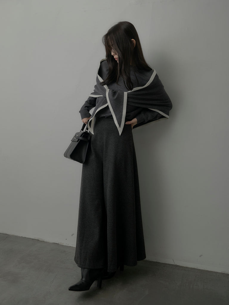 マークアンドロナ　ニットトップス&スカート SET】配色スカーフ付きニットトップス+リラクシーフレアロングスカート