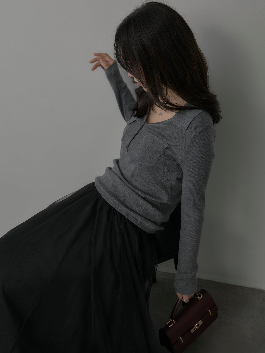 【SET】ポケットデザインリブニットトップス+ボリュームチュールスカート(2set)