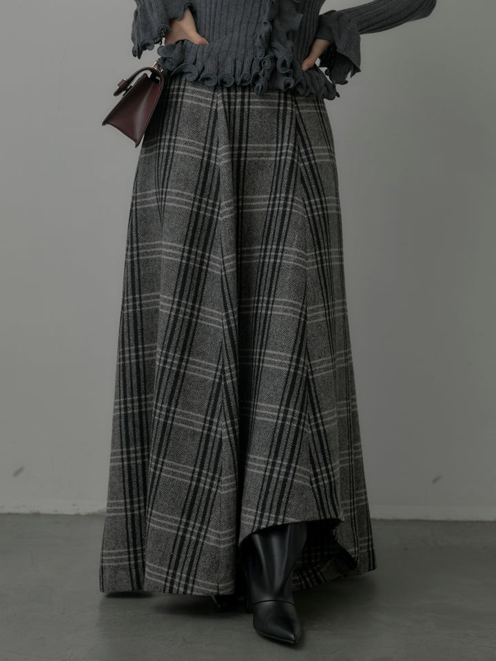 【SET】Vネックフリルデザインニットトップス+【Essential】クラシカルチェックウールタッチスカート(2set)