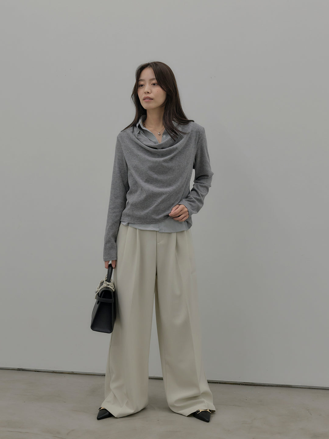 【SET】シャツレイヤードドレープニットトップス+デザインタックワイドパンツ(2set)