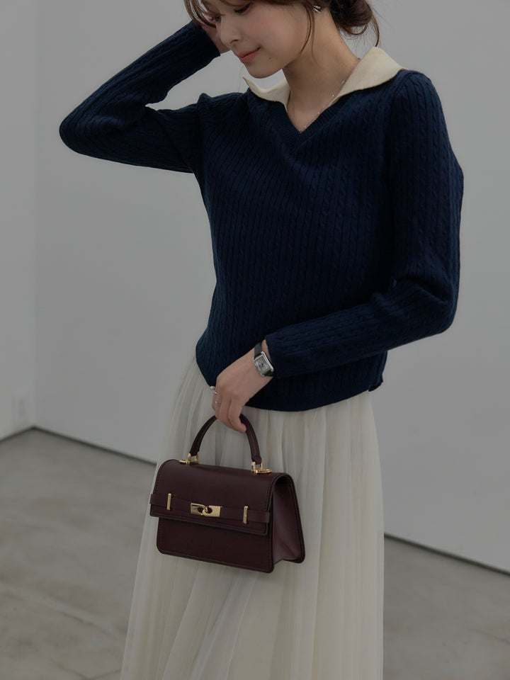 【SET】配色Vネックケーブルニットトップス+ボリュームチュールスカート(2set)