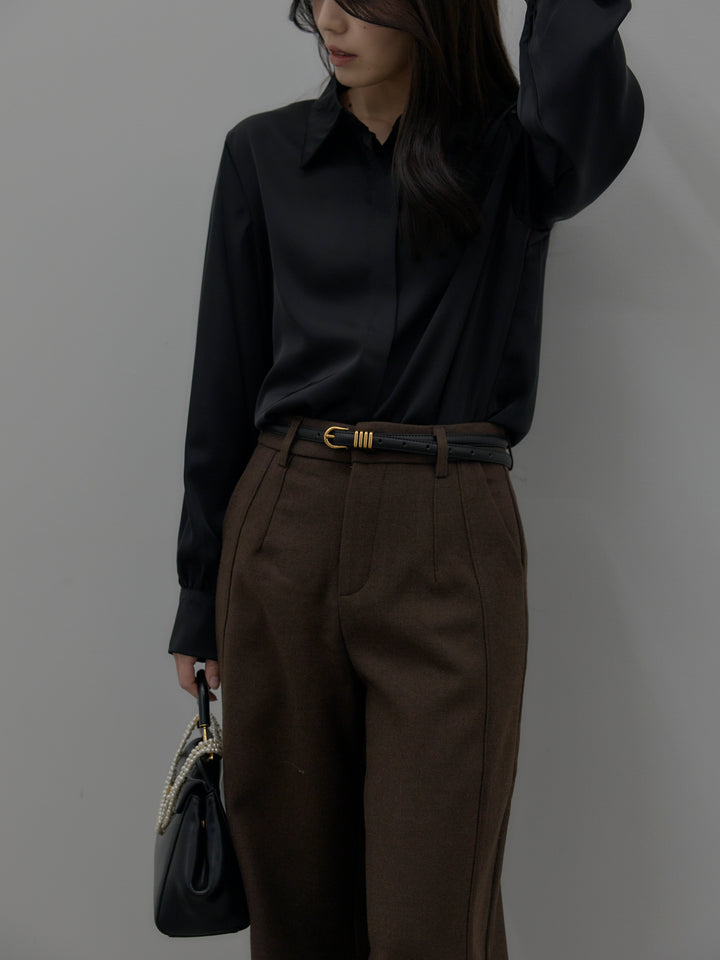 【SET】比翼仕立てサテンシャツ+裏起毛デザインワイドパンツ(2set)