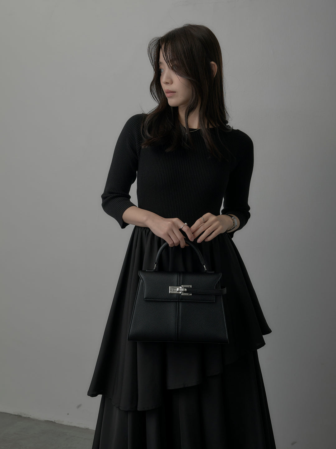 【Essential】7部袖リブドッキングワンピース