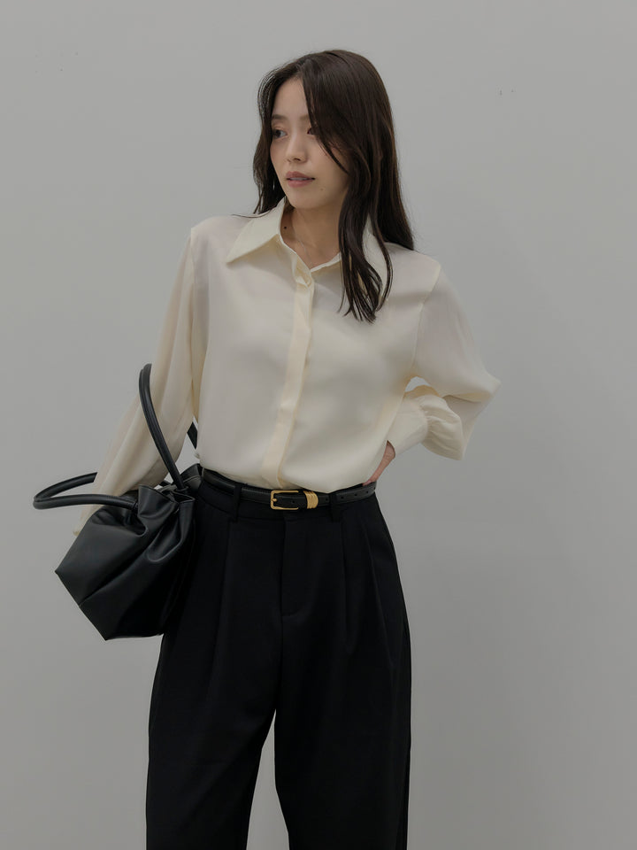 【SET】比翼仕立てサテンシャツ+デザインタックワイドパンツ(2set)