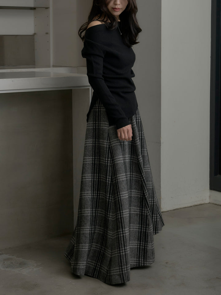 【SET】サイドスリットボートネックニットトップス+【Essential】クラシカルチェックウールタッチスカート(2set)