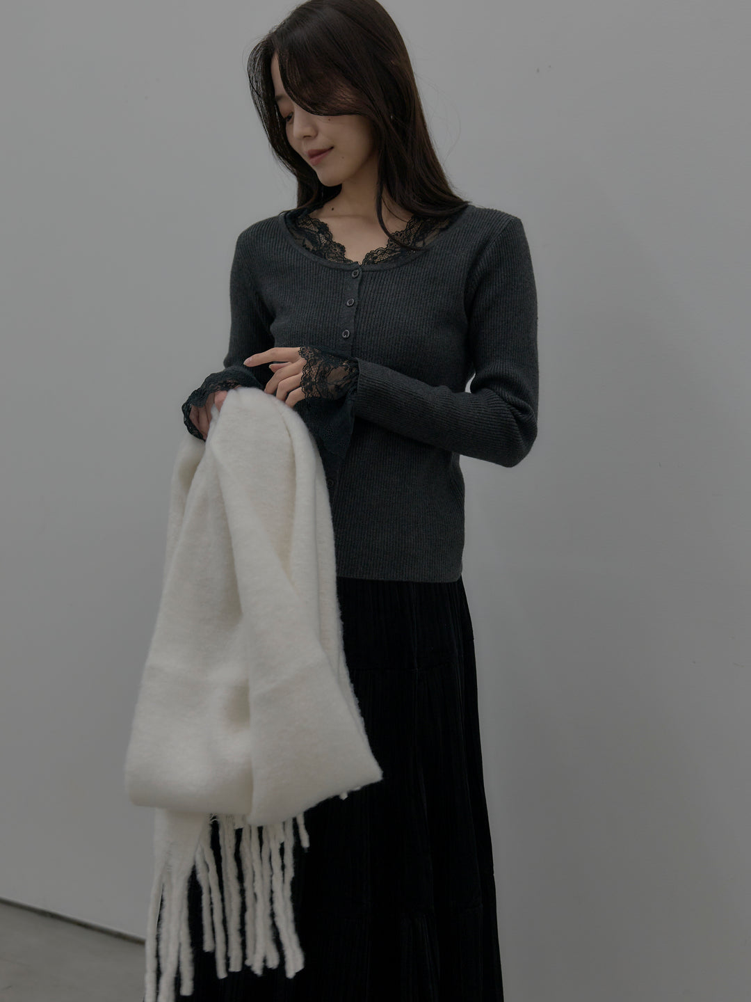 【SET】レースドッキングリブニットトップス+ベロアプリーツティアードスカート(2set)