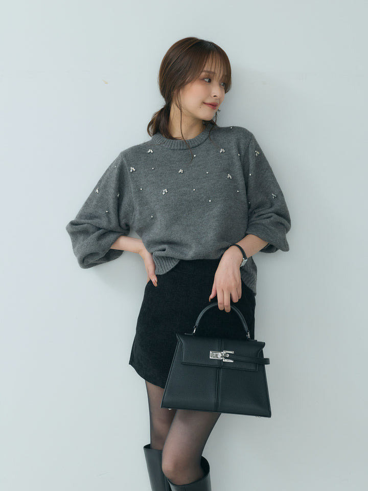 【SET】ビジューニットトップス+ベロアミニスカート(2set)