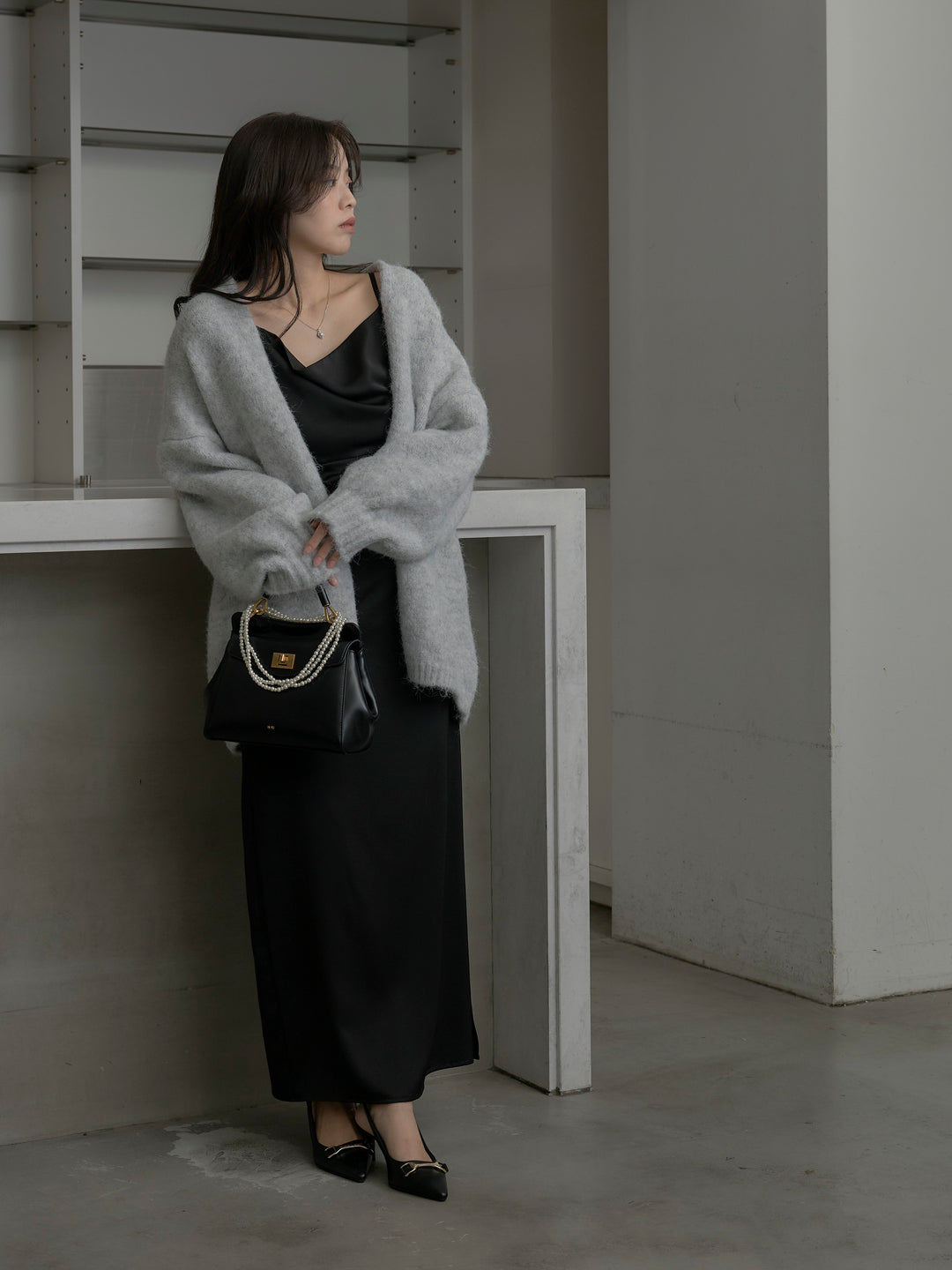 【SET】モヘアライクオーバーニットカーディガン+【Essential】サテンドレープキャミワンピ(2set)