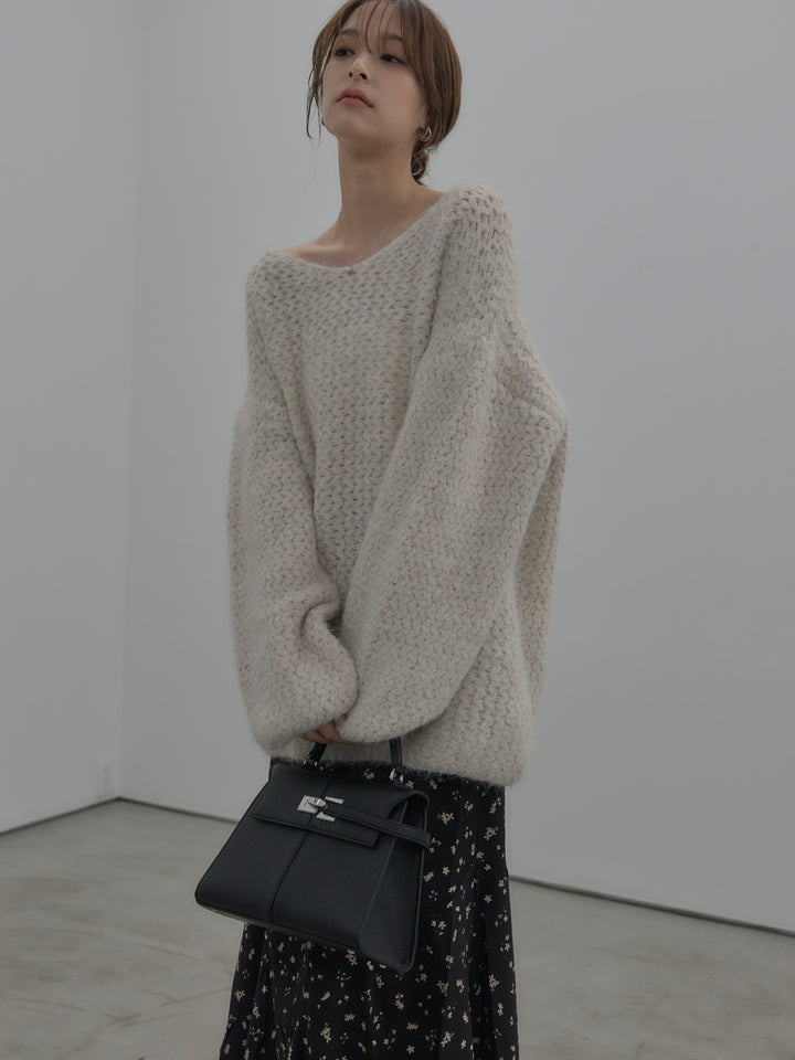 【SET】ラメ糸ローゲージ編みオーバーニットトップス+フラワーパターンマーメイドフレアスカート(2set)