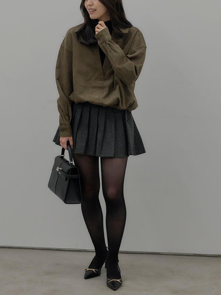 【SET】ドッキングデザイン裾ドロストスエードシャツ+ハウンドトゥースプリーツミニスカート(2set)