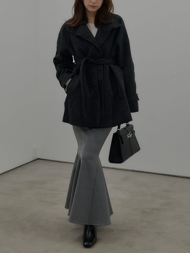 【SET】キルティングライナーウールミディアムコート+【Essential】チェック柄マーメイドスカート(2set)