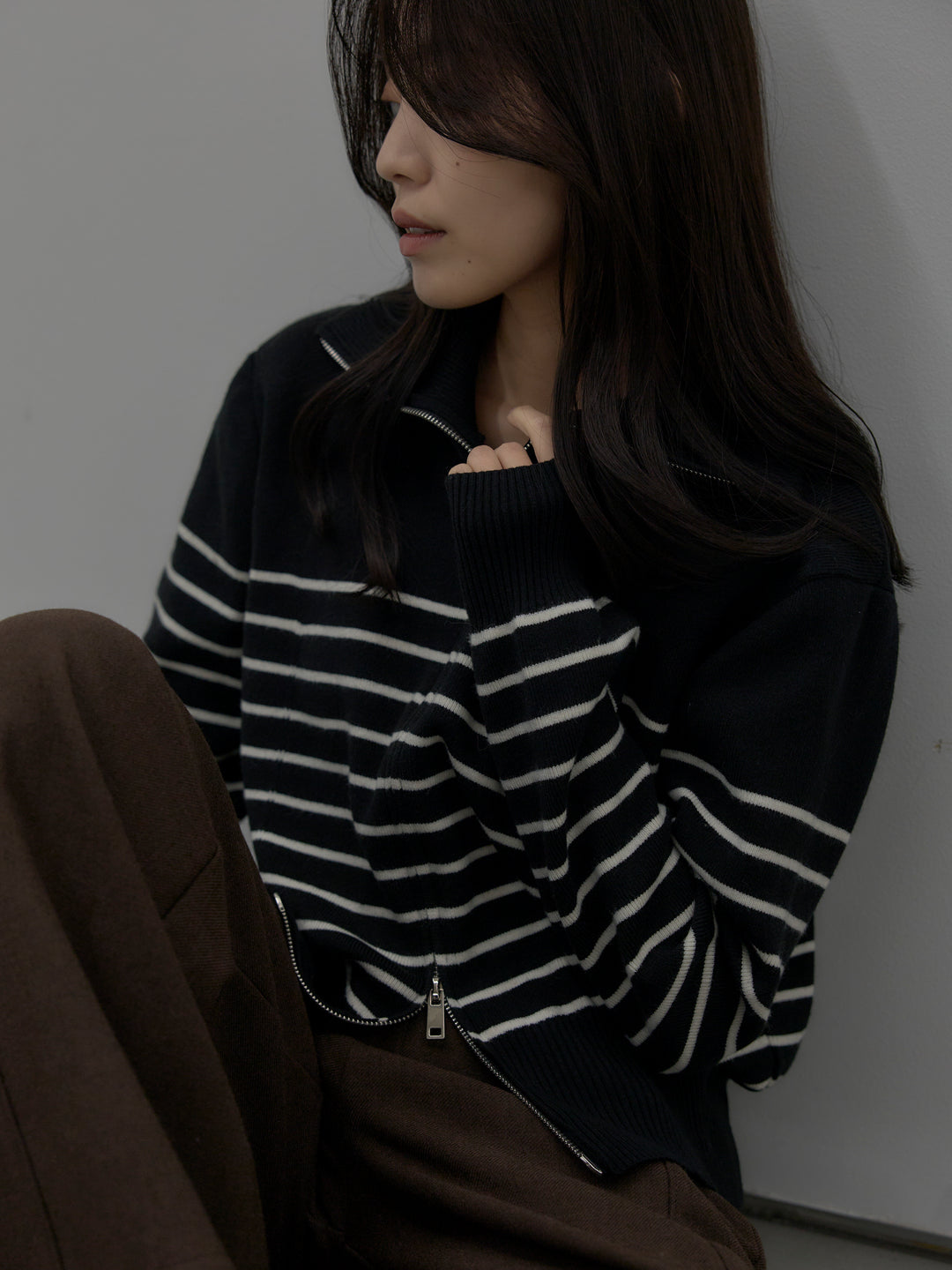 ダブルZIPハイネックボーダーニットトップス