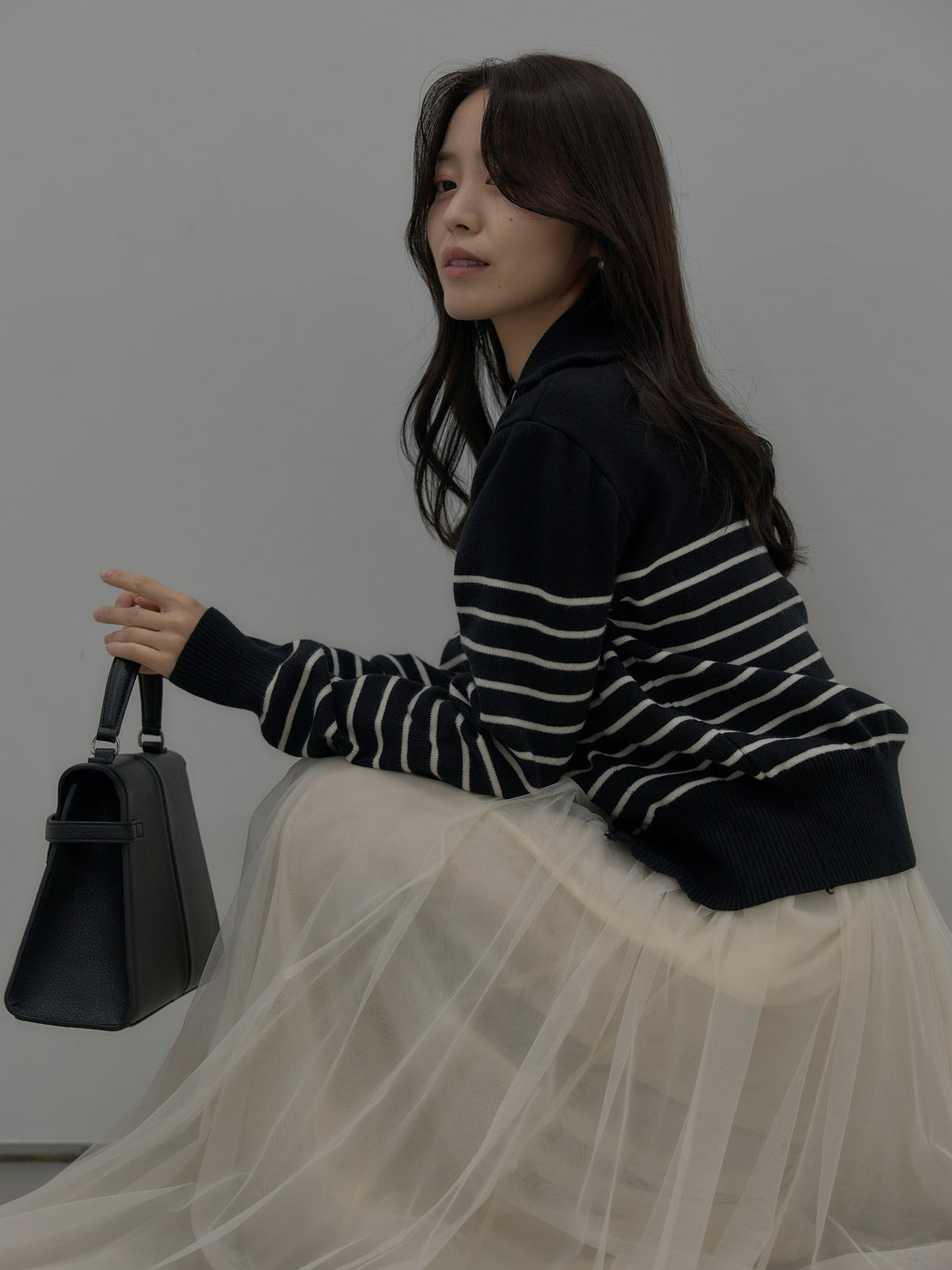 ダブルZIPハイネックボーダーニットトップス