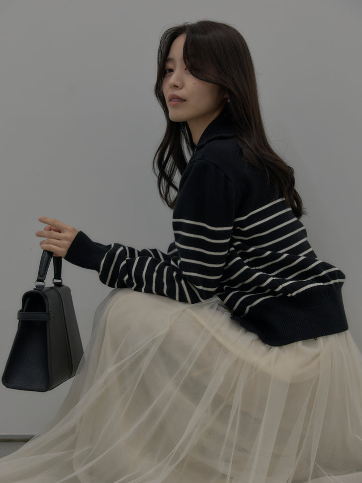 ダブルZIPハイネックボーダーニットトップス