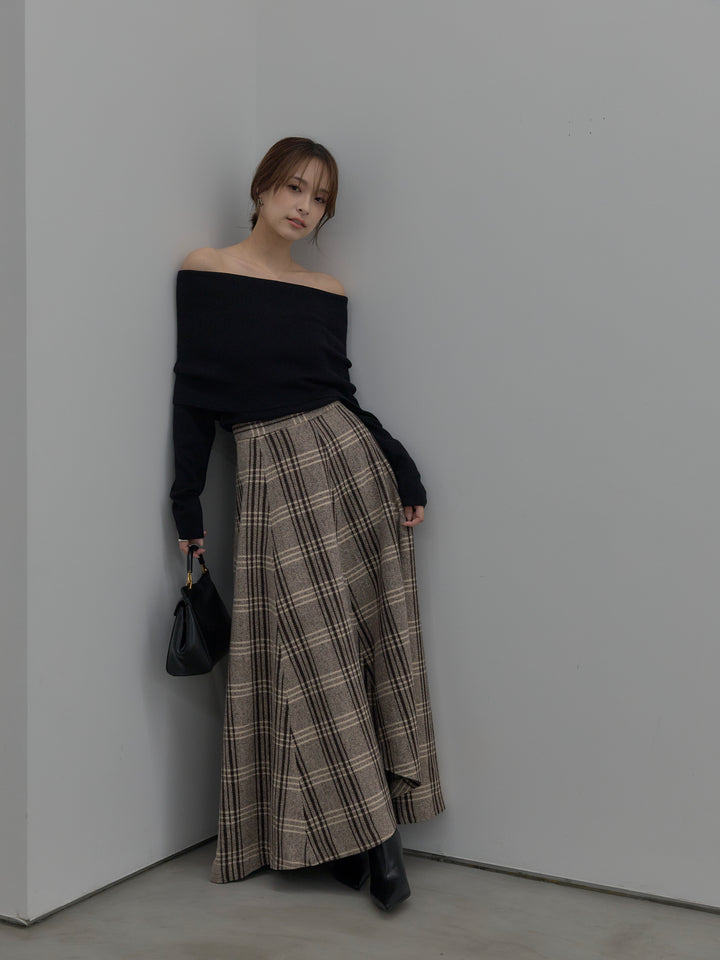 【SET】【premium touch】ソフトリブオフショルニットトップス+【Essential】クラシカルチェックウールタッチスカート(2set)