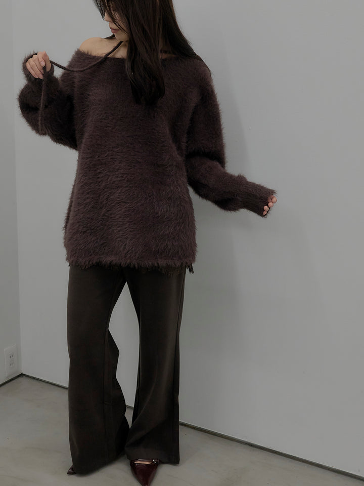 【SET】ネックリボンワンショルダーシャギーニット+レースレイヤードセミフレアパンツ(2set)