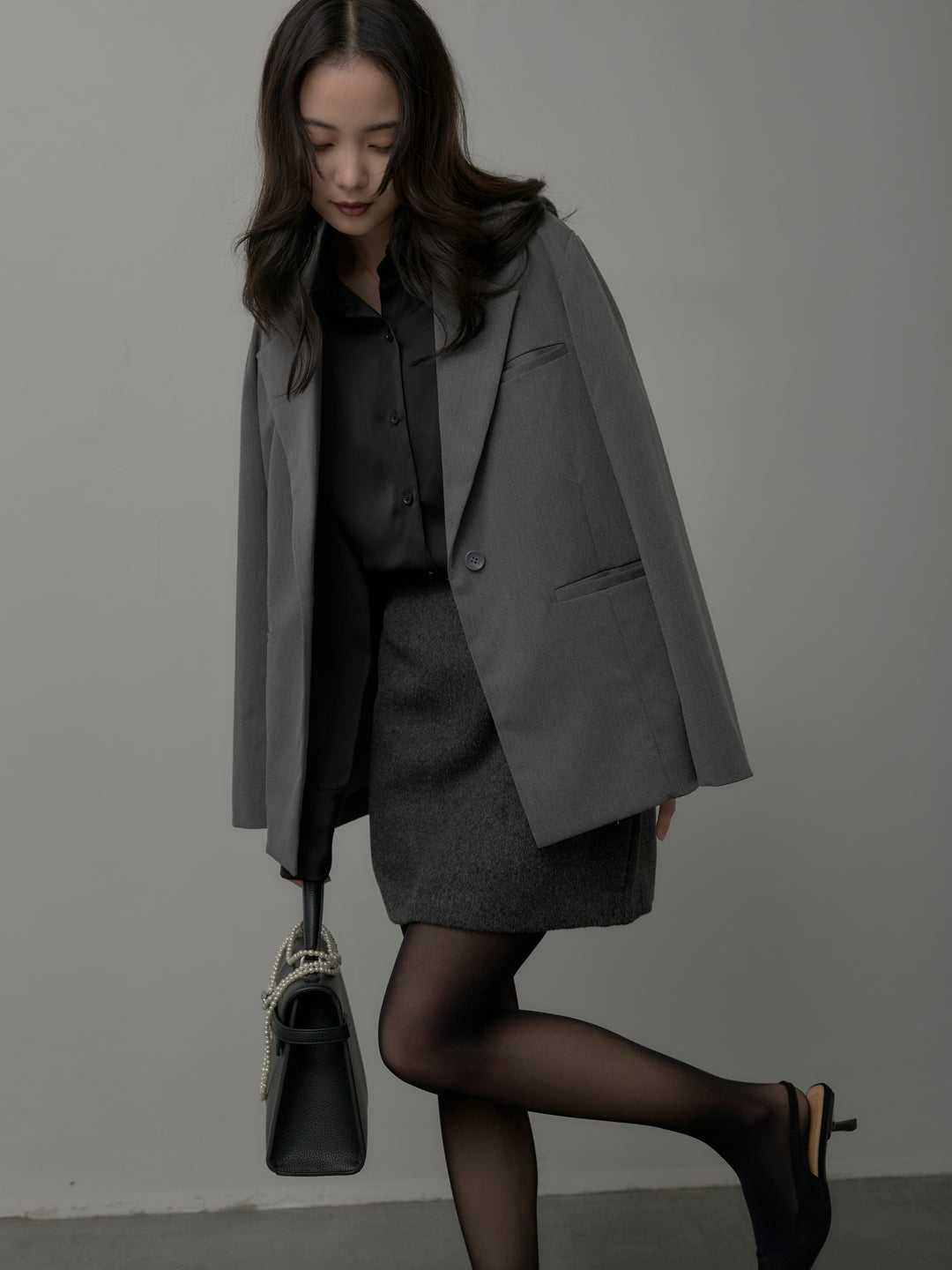 【SET】【Essential】ボックスシルエットテーラードジャケット+【Essential】ウールタッチミニスカート(2set)