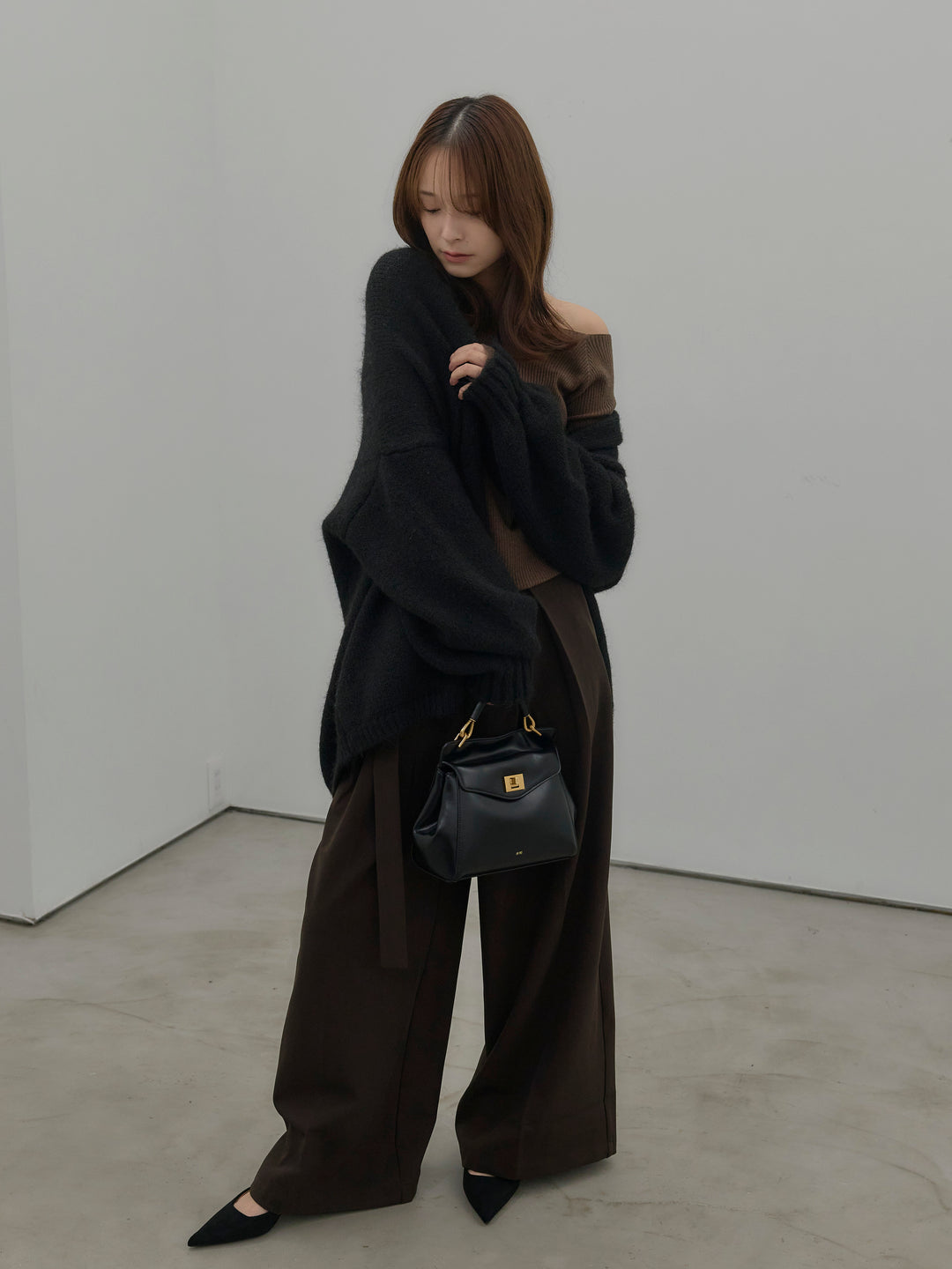 【SET】モヘアライクオーバーニットカーディガン+ウエストリボンワイドパンツ(2set)