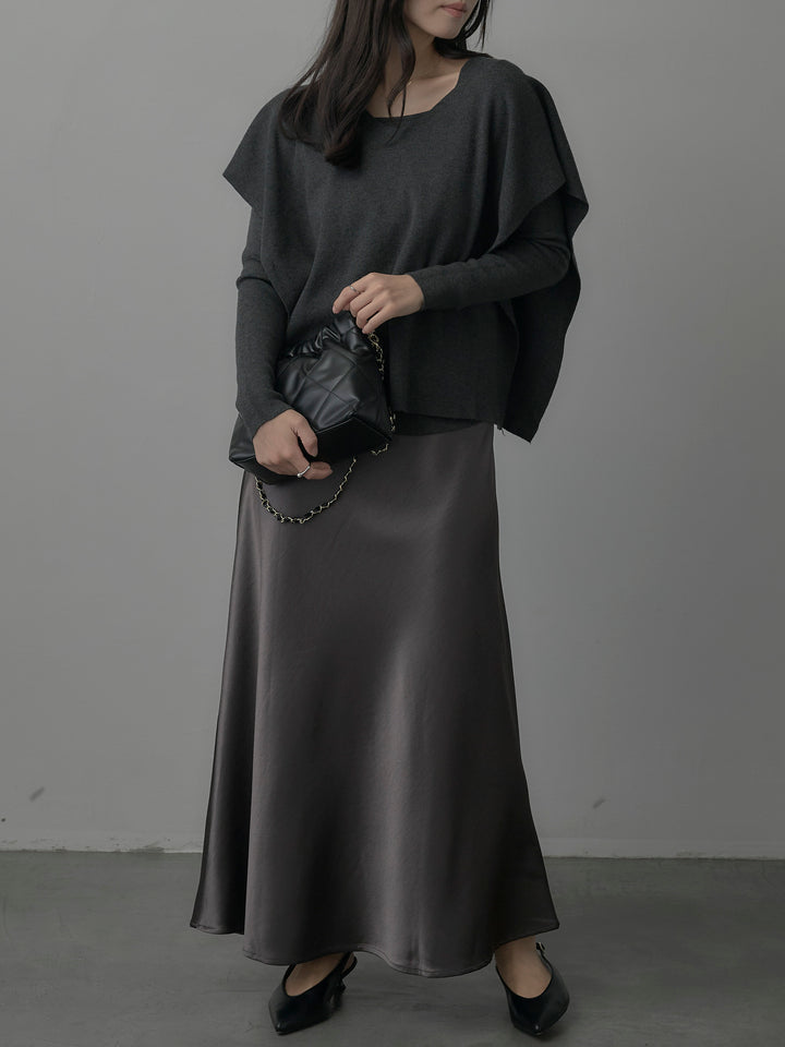 【SET】2wayリブニットポンチョトップス+ヘビーサテンAラインスカート(2set)