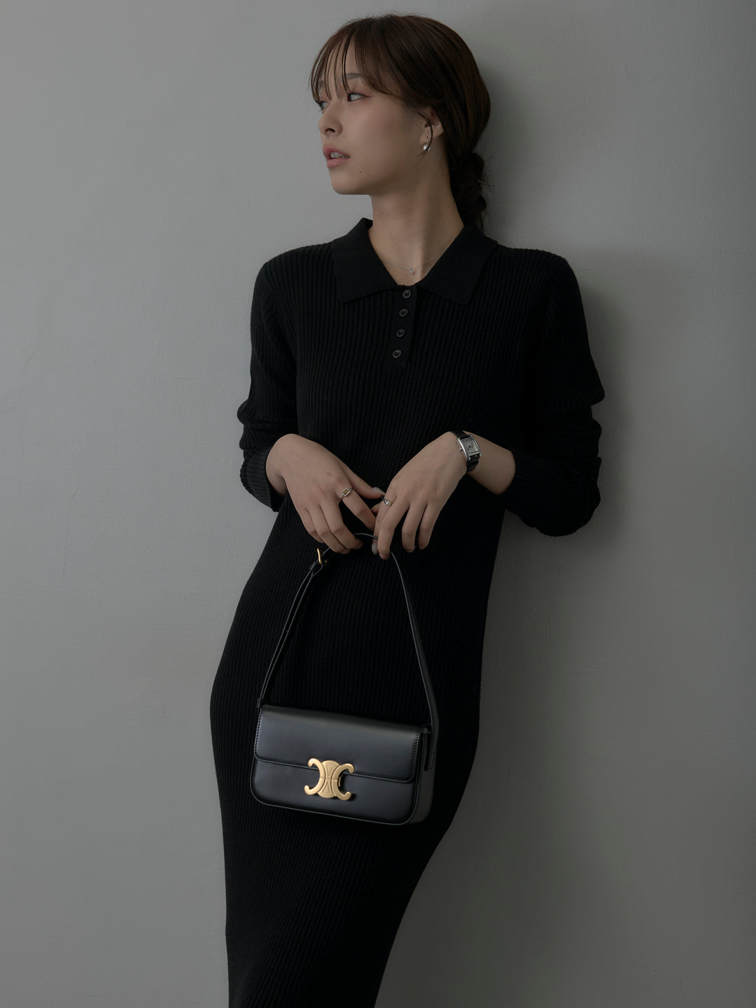 ポロ襟リブニットワンピース